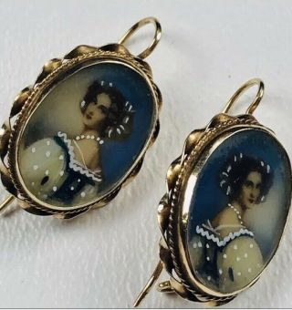 Antique Edwardian 14k Gold Cameo Handpainted Earrings