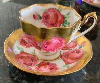 Vintage Queen Anne White And Gold Footed Tea Cup & Saucer With Pink Roses Ornate