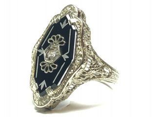 Antique Ladies 14k White Gold Filigree Diamond & Onyx Ring - Size 5