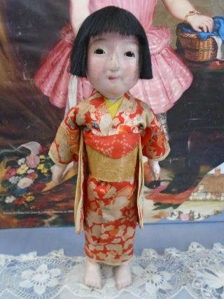 Antique late 19th c.  Japanese ICHIMATSU Papier - Mache Doll Gofun Glass eyes 11.  5” 2