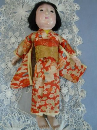 Antique late 19th c.  Japanese ICHIMATSU Papier - Mache Doll Gofun Glass eyes 11.  5” 7