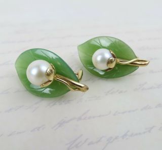 Chinese Green Jade Pearl & 14k Gold Clip On Earrings Gumps San Francisco