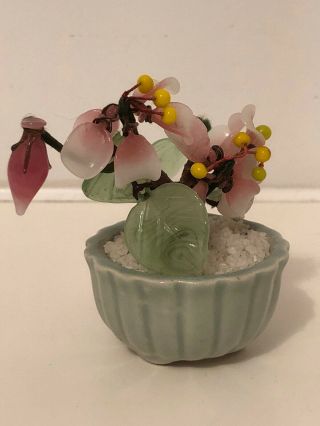 Vintage Japanese Bonsai Jade Glass Agate Pink Cherry Miniature Blossom Tree 8cm