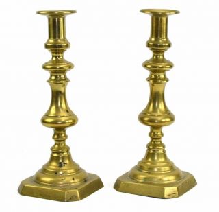 Antique 19th Century Brass Baluster Turned Colonial Push Up Candle Sticks