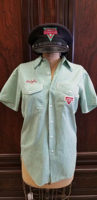 Vintage Conoco Service Station Uniform Shirt And Hat