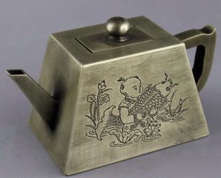 Collectable Handwork Miao Silver Carve Child Hug Fish & Landscape Lucky Tea Pot