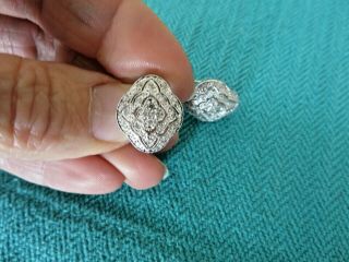 Vintage 10k White Gold Filigree Diamond Pierced Earrings 17 X 15 Mm.  18 Diamonds