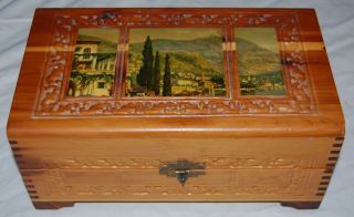Vintage Hand Carved Wooden Jewelry Vanity Box Lake Mountain Scene 11 X 6 Brass