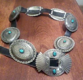 Vintage Native American Silver Turquoise Concho Leather Belt Buckle & 7 Conchos