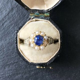 Antique 10 Carat Gold Sapphire & Pearl Cluster Ring