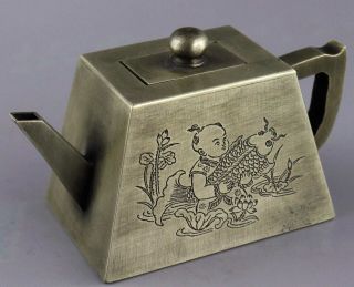 Collectable Miao Silver Silver Carve Fairchild Hug Fish & Landscape Rare Tea Pot