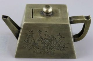 Collectable Miao Silver Silver Carve Fairchild Hug Fish & Landscape Rare Tea Pot 6