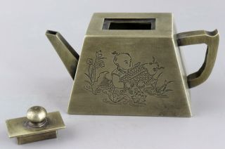 Collectable Miao Silver Silver Carve Fairchild Hug Fish & Landscape Rare Tea Pot 8