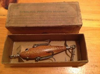 Vintage & Very Rare Sterling Wooden Minnow in orig cardboard box in great color. 10
