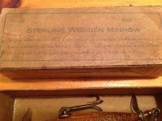 Vintage & Very Rare Sterling Wooden Minnow in orig cardboard box in great color. 11