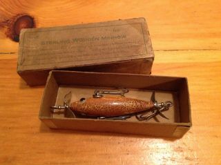 Vintage & Very Rare Sterling Wooden Minnow In Orig Cardboard Box In Great Color.