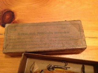 Vintage & Very Rare Sterling Wooden Minnow in orig cardboard box in great color. 2