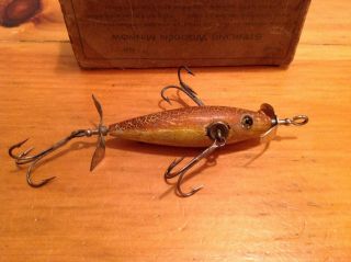 Vintage & Very Rare Sterling Wooden Minnow in orig cardboard box in great color. 6