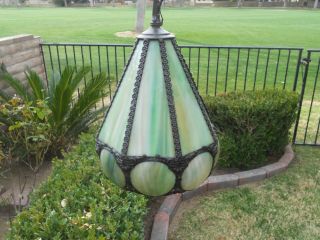 Vintage Tulip Shaped Leaded Green Slag Glass Hanging Lamp Ready To Be Installed