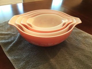 VINTAGE PINK GOOSEBERRY Pyrex CINDERELLA SET OF 4 Nesting Mixing Bowls COMPLETE 2