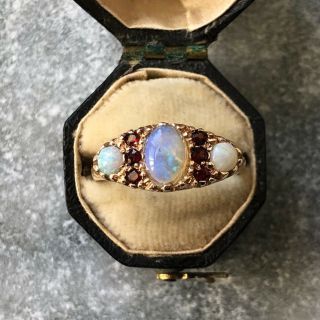 Vintage Opal And Garnet Ornate Yellow Gold Ring