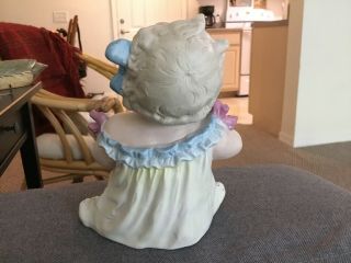 Lovely Vintage German Bisque Porcelain Piano Baby Girl Holding Grapes,  6” Tall 3