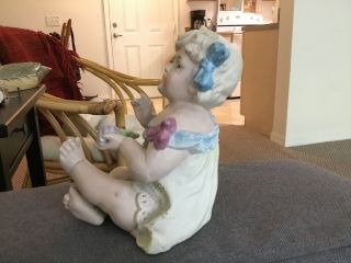 Lovely Vintage German Bisque Porcelain Piano Baby Girl Holding Grapes,  6” Tall 4