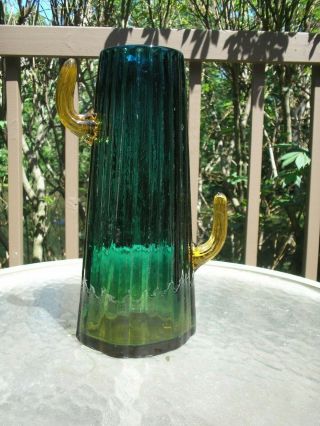 Vintage Handmade Blenko Cactus Blown Glass Vase 11 1/2 Inches Blue Green Amber