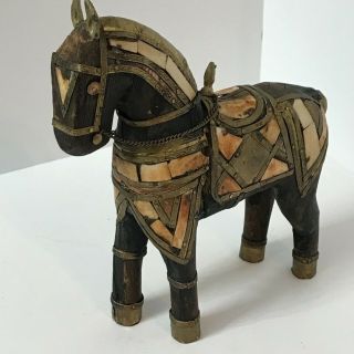 Vintage Carved Wood Horse Table Decor Brass Horn Bone Figurine Sculpture Statue