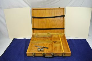 VINTAGE WOOD PAINTER ' S TRAVEL BOX CASE HINGED OIL ACRYLIC 2