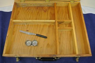 VINTAGE WOOD PAINTER ' S TRAVEL BOX CASE HINGED OIL ACRYLIC 3