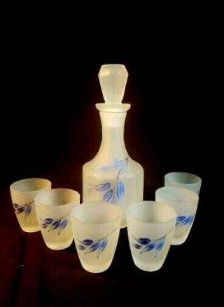 Vintage French Hand Painted Frosted Glass Decanter & Glasses