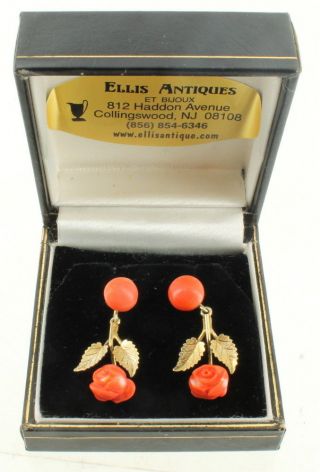 Antique 14k Green Gold Leaves & Carved Red Coral Rose Dangle Earrings Civil War