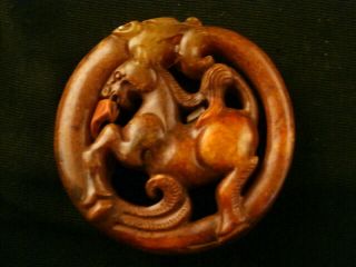 Great Chinese Old Jade Carved Dragon & Horse Pendant Y224