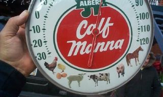 Vintage Albers Calf Manna Farm Thermometer Sign W/ Cow Pig Horse Chicken Sheep