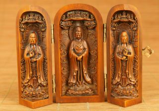 Rare Chinese Old Boxwood Handmade Kwan - Yin Buddha Statue Figure Netsuke Box Gift