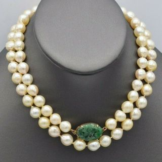 Vintage 14k Yellow Gold Carved Green Jade & Sea Pearl Beaded Strand Necklace 82g