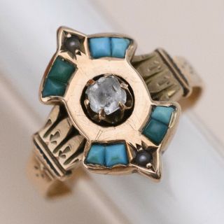 Antique Victorian Etruscan Revival 10k Gold Persian Turquoise Pearl Sz 6 Ring