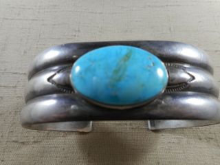 Unusual FRED HARVEY era silver & turquoise bracelet Pueblo or Navajo 4