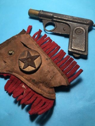 Vintage Metal Toy Squirt Gun Water Pistol With Leather Holster “no 71”.