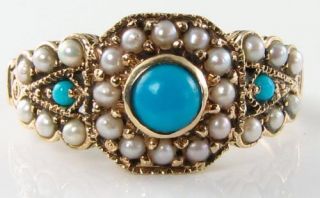 Divine 9ct 9k Gold Persian Turquoise Pearl Art Deco Vintage Ins Ring Size