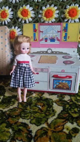 Adorable Vintage Ohio Art Tin Stove And 8 " Betsy Mccall Ginny Doll