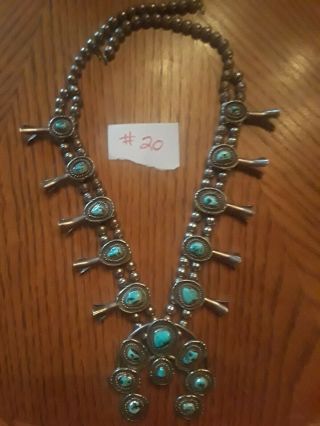 Antique Squash Blossom Necklace Bisbee Turquoise Sterling,  27 ",  210gm,  Gigantic