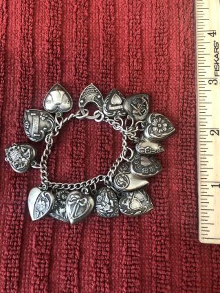 Vintage Sterling Silver Charm Bracelet W/14 Sterling Heart Charms