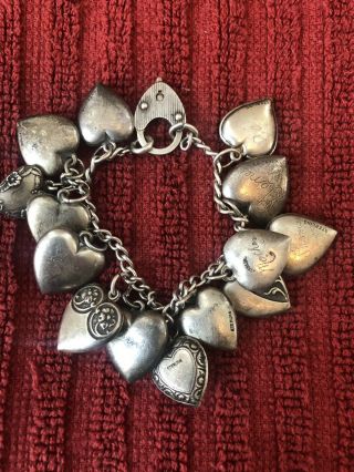 vintage sterling silver charm bracelet w/14 Sterling Heart Charms 2