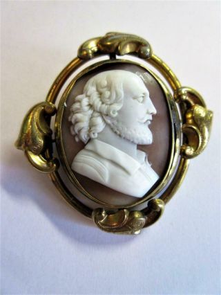 Antique Victorian Carved Shell Cameo Brooch - Shakespeare - Swivel Frame