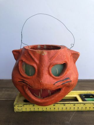 Vintage Halloween Paper Mache Pulp Orange Cat Jack O Lantern Insert 40s