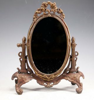 Antique Victorian Oval Metal Dresser Top Vanity Mirror With Stand