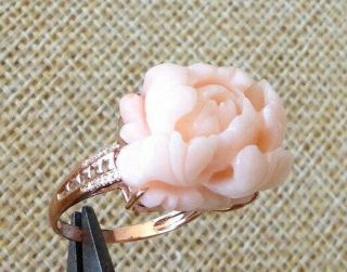 Natural Japanese Momo Coral Flower Pink Ring/18k Solid Rose - Gold /real Diamonds