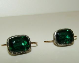 Exquisite,  Antique Georgian,  9ct Gold And Silver Earrings / Emerald Colour Paste